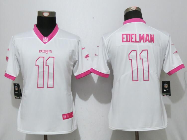 Women 2017 New England Patriots #11 Edelman Matthews White Pink Stitched New Nike Elite Rush Fashion NFL Jersey->->Women Jersey